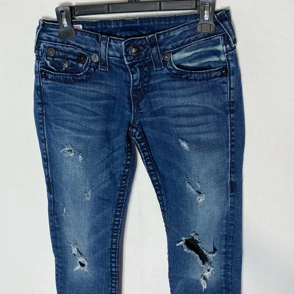 Vintage Y2K True Religion Distressed Dark Wash Ultra Low Rise Skinny Jeans 26 - Picture 11 of 16